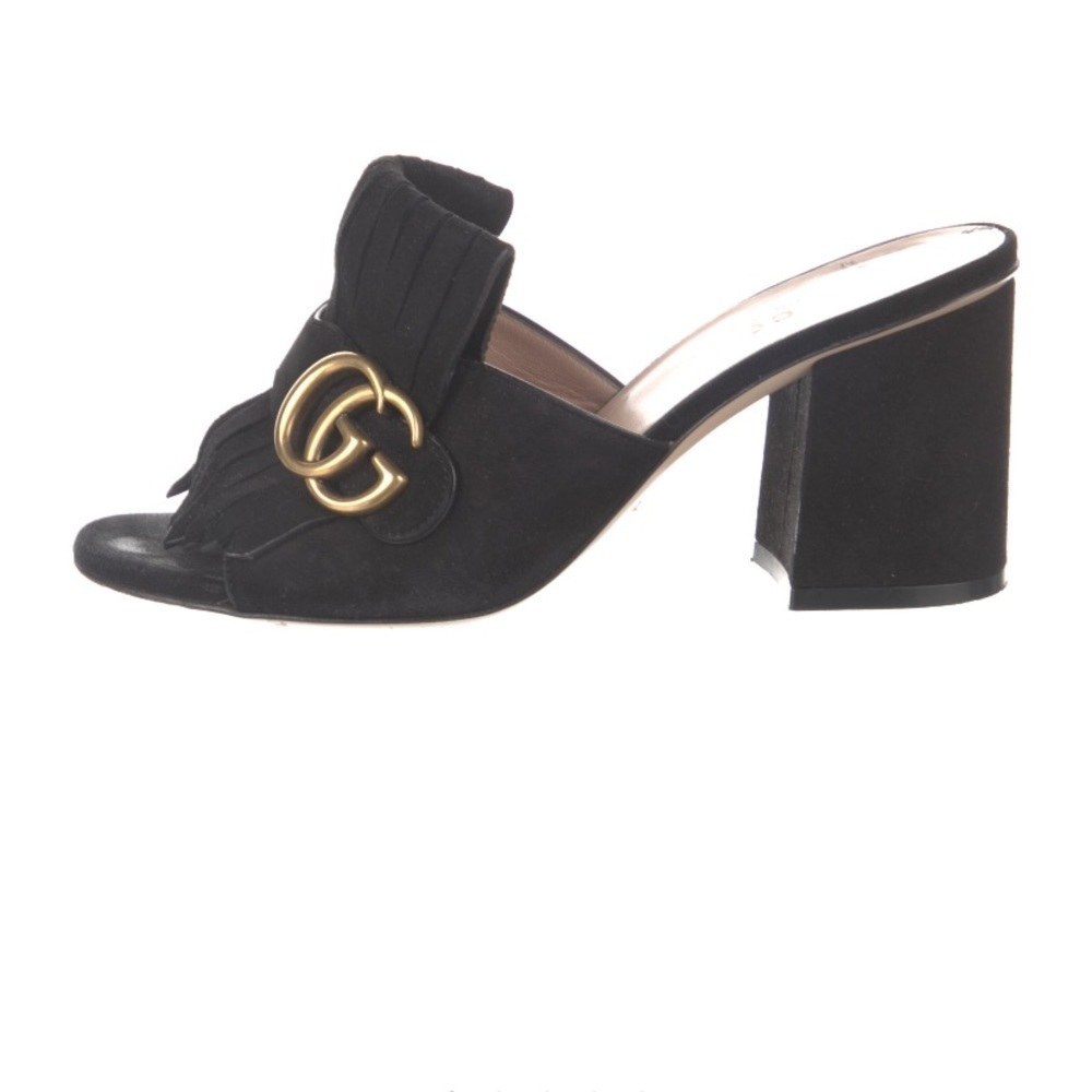 Gucci Kid‎ Scamosciato GG Marmont Fringe Mid Heel Slide Sandals in Black